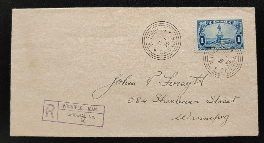 Canada #227 1 Jun 1935 $1 Champlain Registered Winnipeg FDC