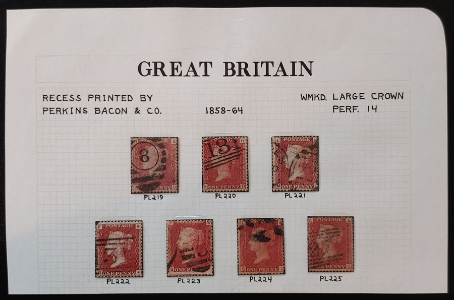 G.B. #33 Used 1858/64 1d Red Plates 219-225 US$2357. (7 diff)