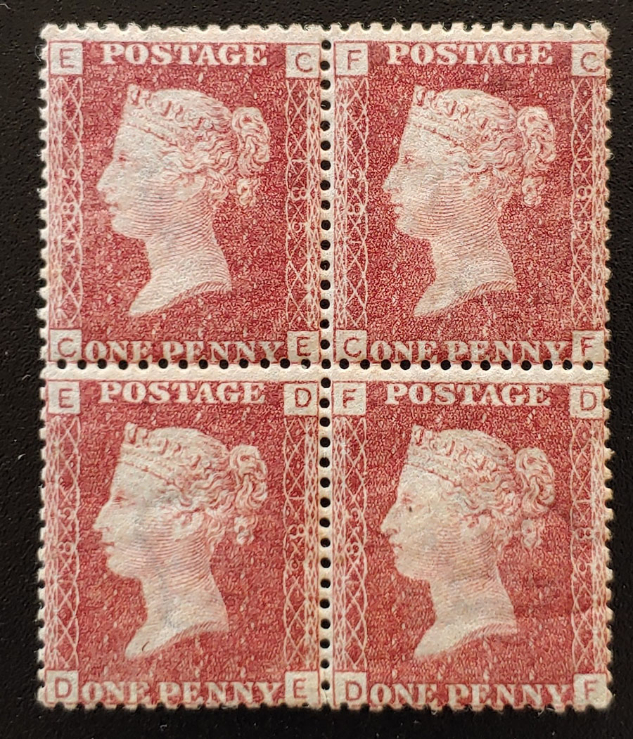 G.B. #33 Mint 1864 1d Plate 185 Block of four US$270