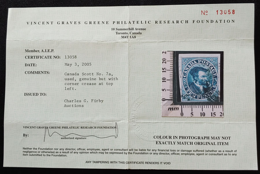 Canada #7 Fine Used 1855 10d Cartier, crease, 2005 Greene Cert.