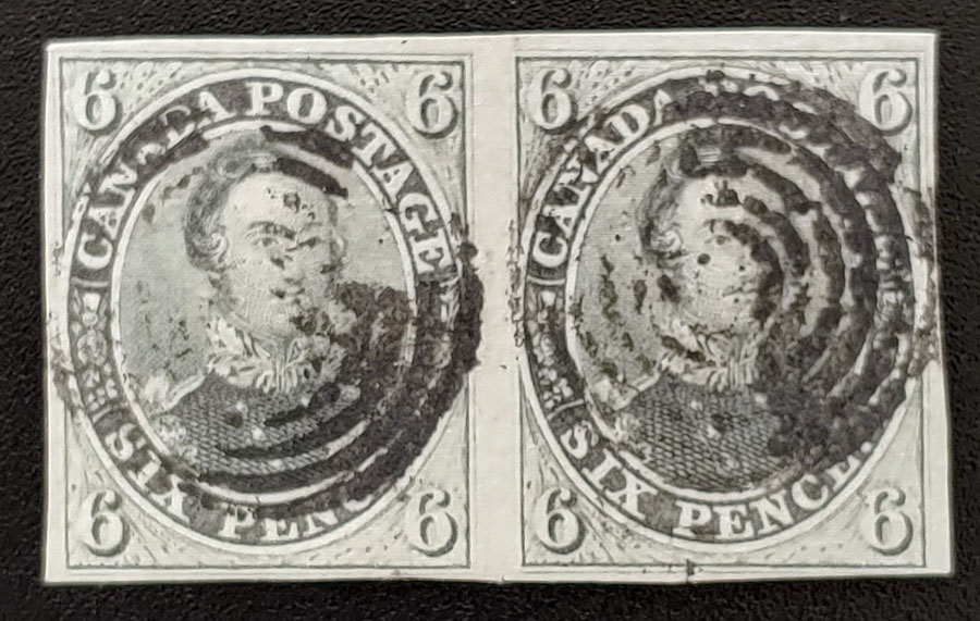 Canada #5 F/VF Used 1855 6d Pair, 2014 Greene Cert. $2400
