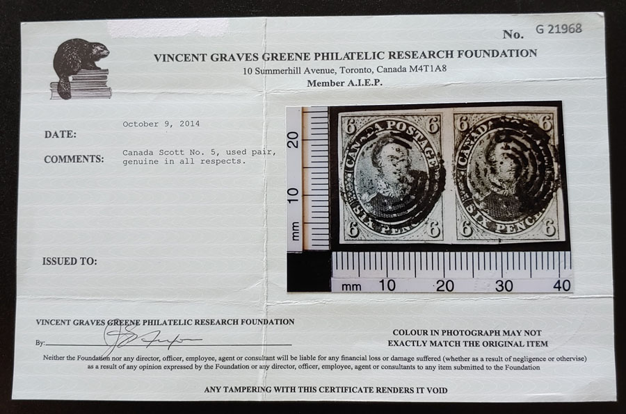 Canada #5 F/VF Used 1855 6d Pair, 2014 Greene Cert. $2400