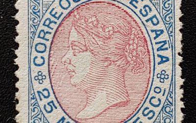 Spain #96 Fine Mint 1867/68 25m Blue & Rose, gum dist