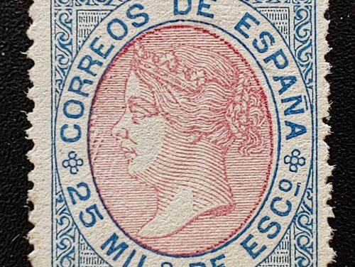Spain #96 Fine Mint 1867/68 25m Blue & Rose, gum dist