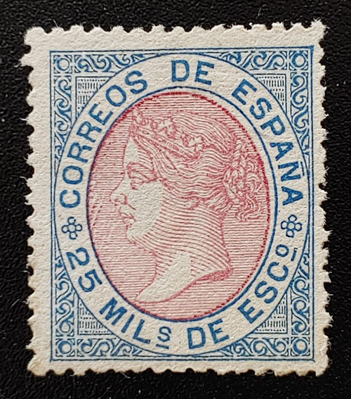 Spain #96 Fine Mint 1867/68 25m Blue & Rose, gum dist US$300