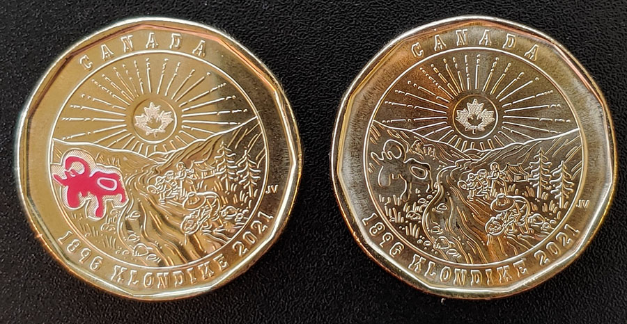 Canada BU 2021 Klondike Aureate Dollar duo, one w/ colour