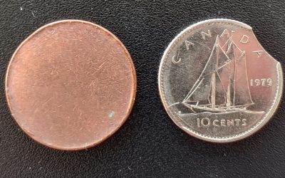 Canada VF blank 1c Planchet & Clipped 1979 10c error coin duo