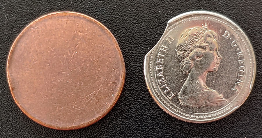 Canada VF blank 1c Planchet & Clipped 1979 10c error coin duo