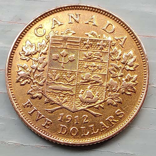 Canada F/VF 1912 Gold 5 Dollars, mount mark .2419oz AGW
