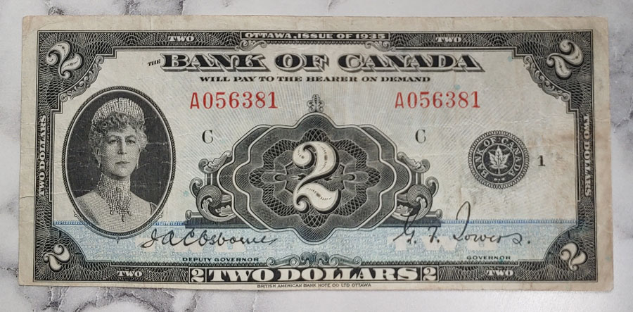 Bank of Cda #BC-3 Fine+ 1935 Queen Mary $2 Bill $200
