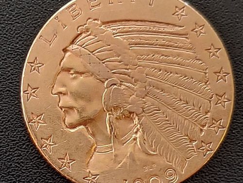 U.S.A. VF+ 1909D Indian Head $5 Gold Half Eagle .2419oz AGW
