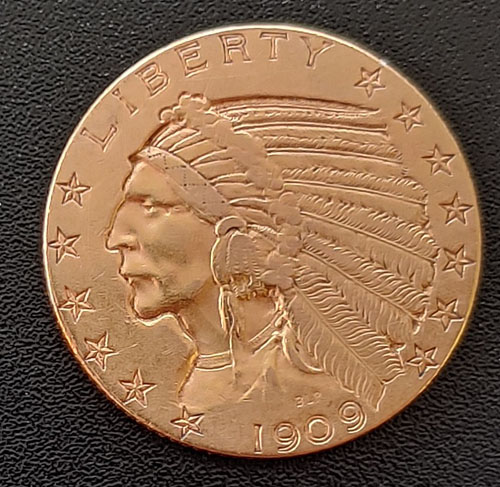 U.S.A. VF+ 1909D Indian Head $5 Gold Half Eagle .2419oz AGW