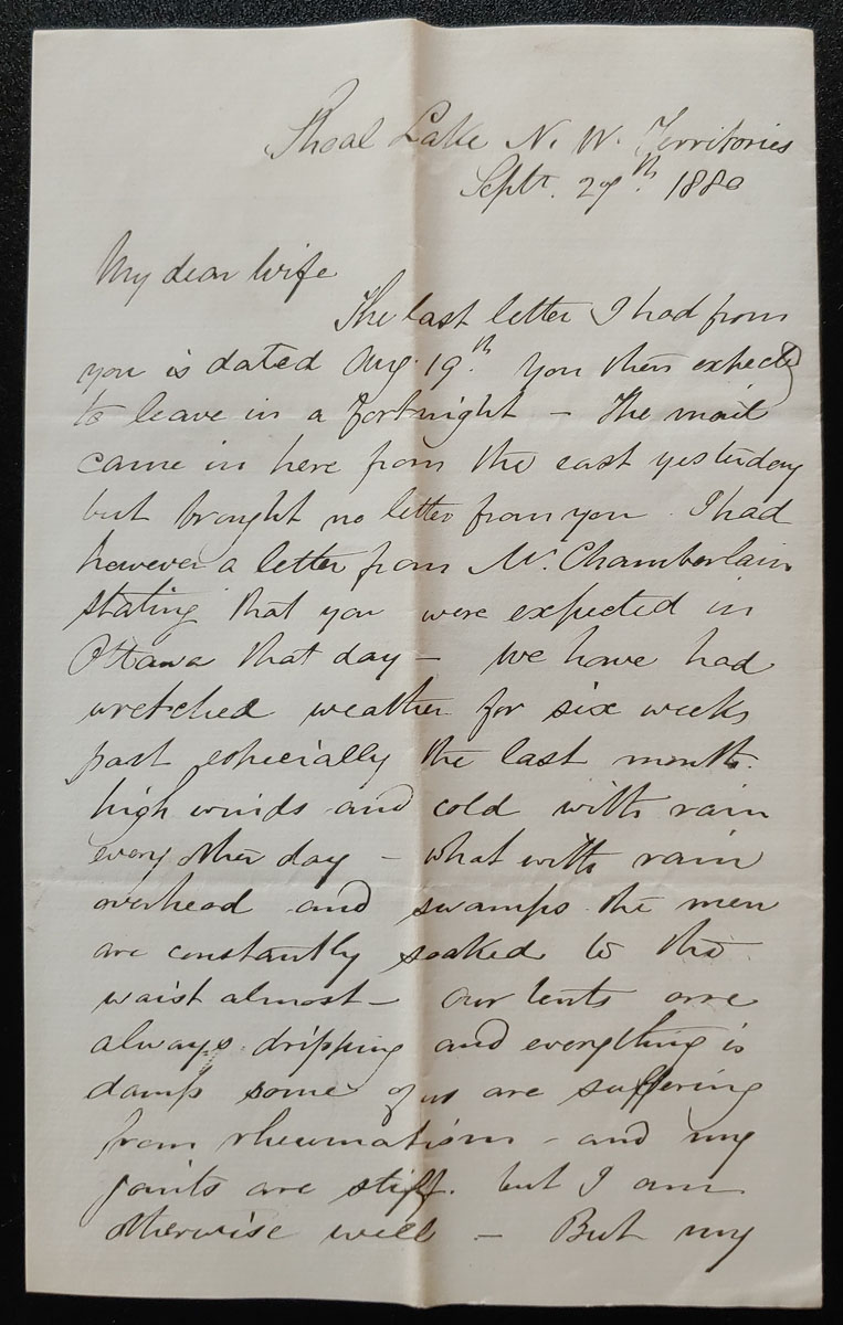 Shoal Lake, N.W.T. 27 Sep 1880 Marcus Smith 2 pg letter to his wife