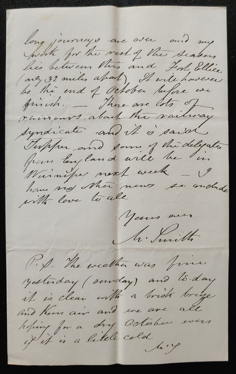 Shoal Lake, N.W.T. 27 Sep 1880 Marcus Smith 2 pg letter to his wife