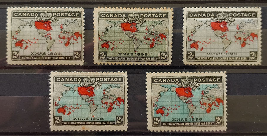 Canada #85-86 Fine+ Mint 1898 2c Map shade quintet, odd flt $250