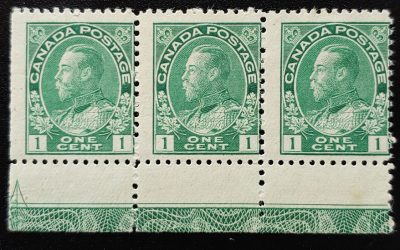 Canada #104LW Fine Mint 1 NH 1c Lathework Strip, ex Goodhelpsen