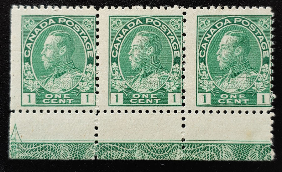 Canada #104LW Fine Mint 1 NH 1c Lathework Strip, ex Goodhelpsen