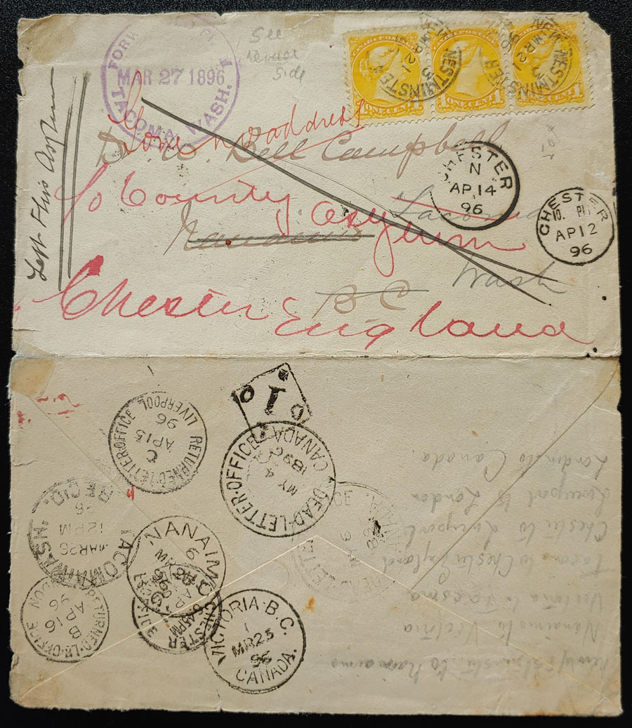 New Westminster, B.C. 21 Mar 1896 3c Dead Letter, open 3 sides