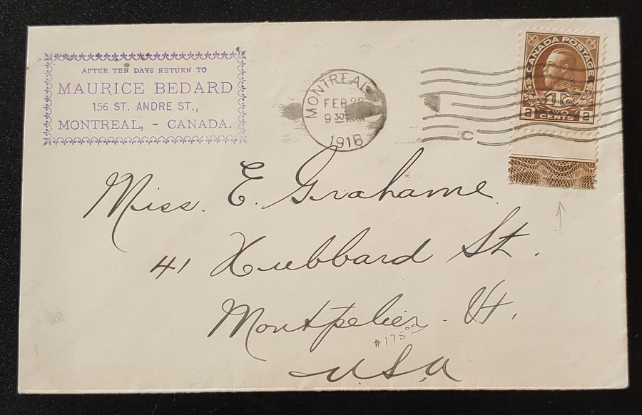 Canada #MR4LW 22 Feb 1918 Lathework Cover, ex Goodhelpsen