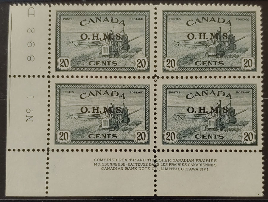 Canada #O8a VFNH 1949 Missing Period After S in LL PL 1 Blk $300