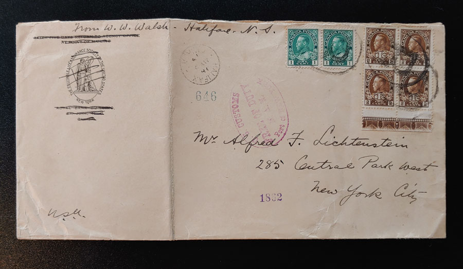 Cda #MR4LW 2 May 1917 Registered Halifax/N.Y. Cover ex Lichtenstein