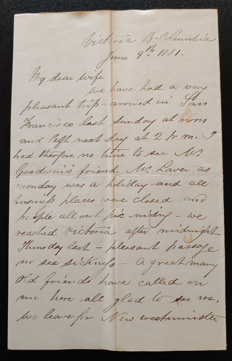 Victoria, B.C. 9 June 1881 4-sided Marcus Smith Letter to his wife