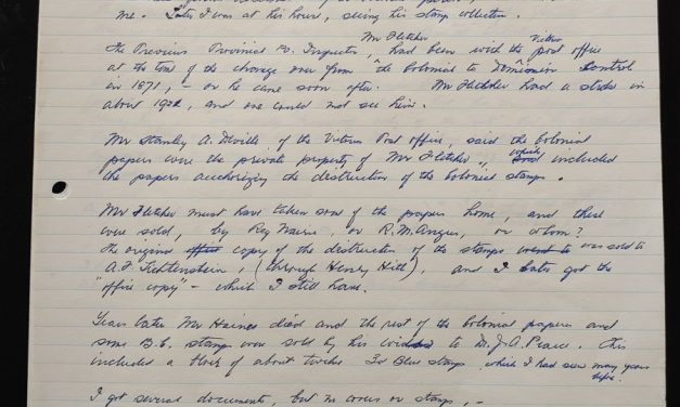 B.C. Stamp Stories Aug 1977 handwritten Wellburn notes (4 pgs)