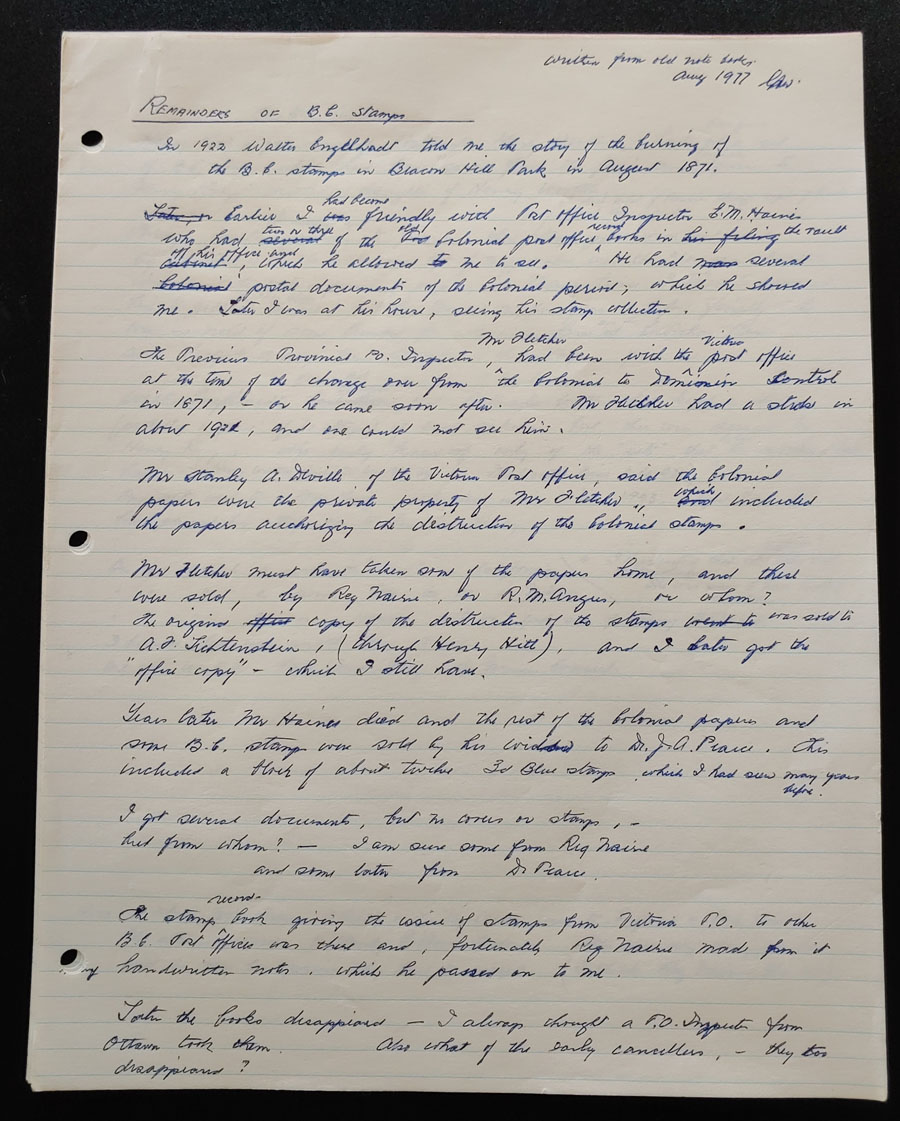 B.C. Stamp Stories Aug 1977 handwritten Wellburn notes (4 pgs)