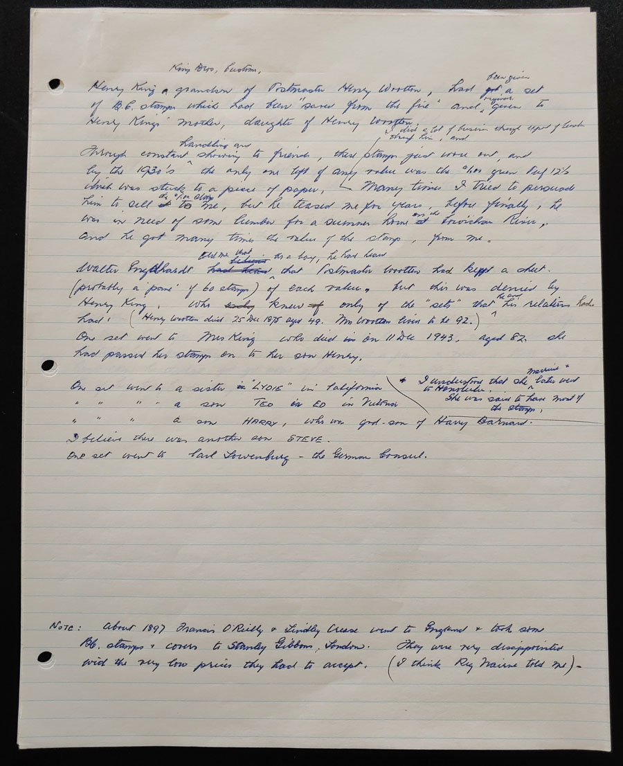B.C. Stamp Stories Aug 1977 handwritten Wellburn notes (4 pgs)