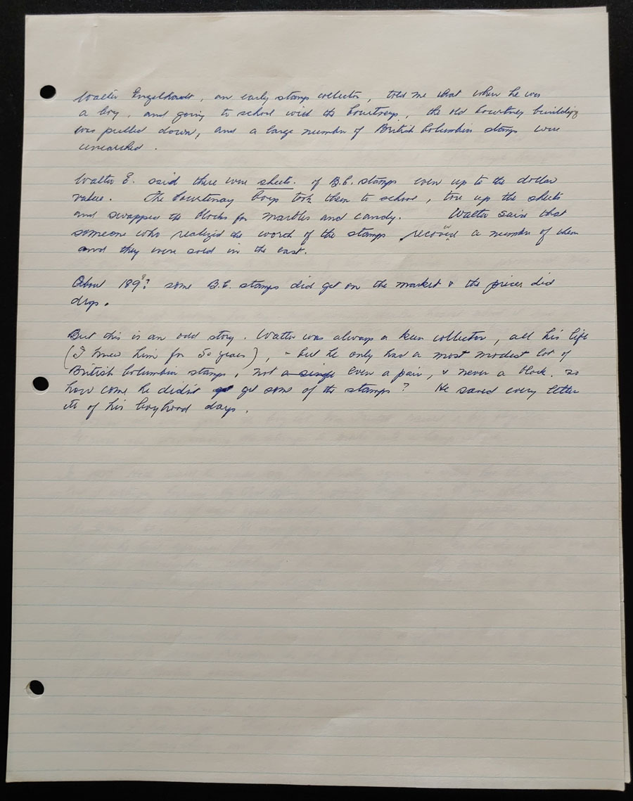 B.C. Stamp Stories Aug 1977 handwritten Wellburn notes (4 pgs)
