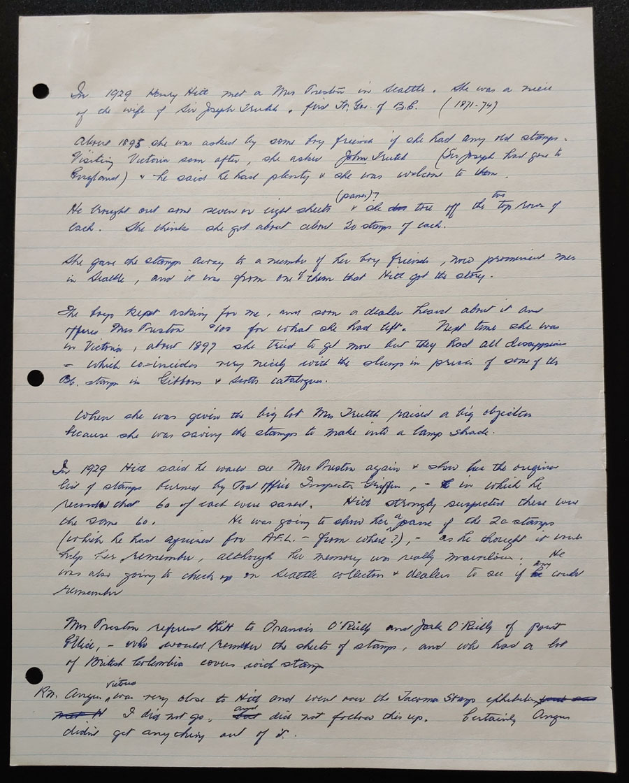 B.C. Stamp Stories Aug 1977 handwritten Wellburn notes (4 pgs)