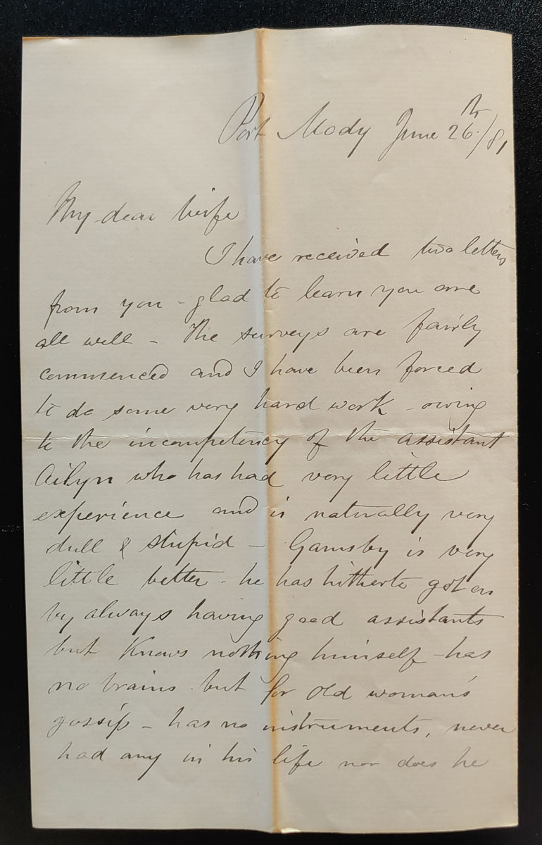 Port Moody, B.C. 26 June 1881 Marcus Smith 3-page letter to his wife