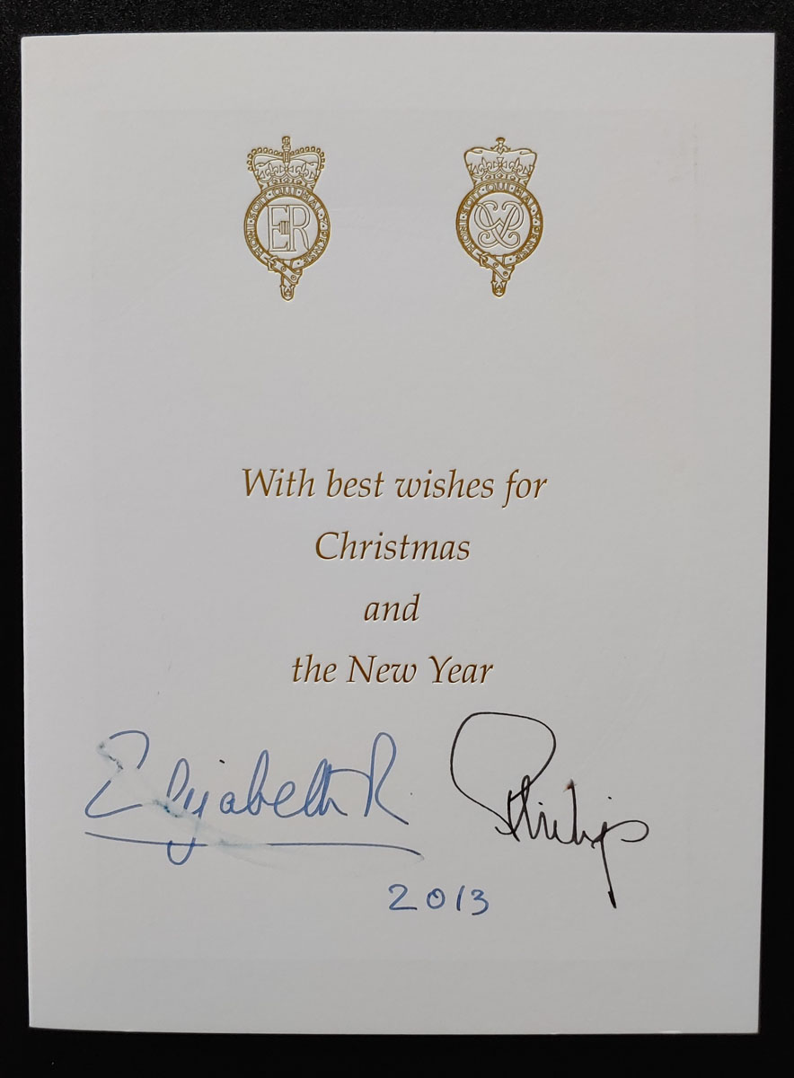 2013 Queen Elizabeth II & Prince Phillip signed Christmas Card, scuff