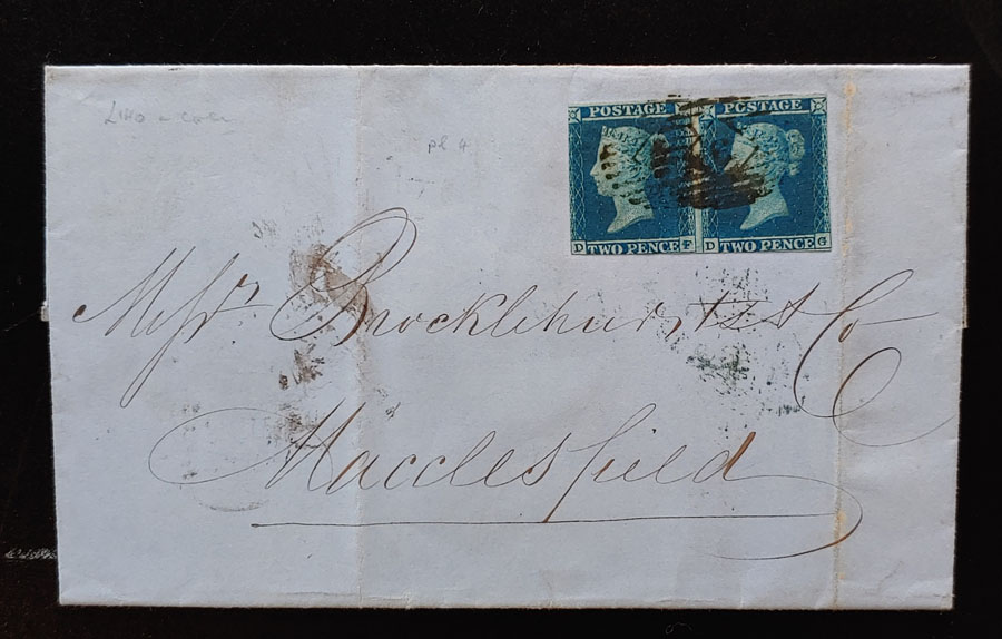 G.B. #4 21 Jan 1853 2d Pair on Lombard St/Macclesfield FLS US$625