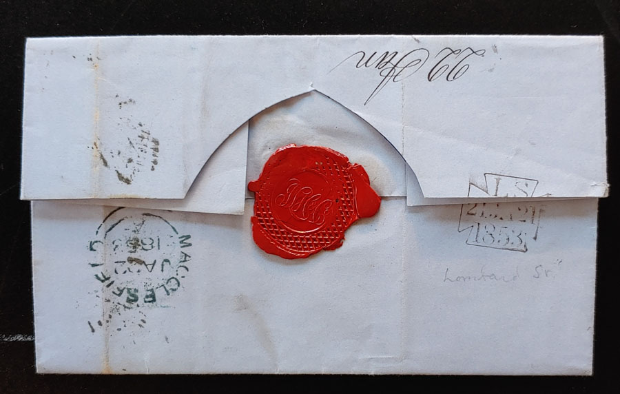 G.B. #4 21 Jan 1853 2d Pair on Lombard St/Macclesfield FLS US$625