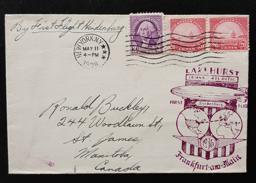 U.S.A. 11 May 1936 43c Hindenburg Zeppelin Flight Cover to Frankfurt