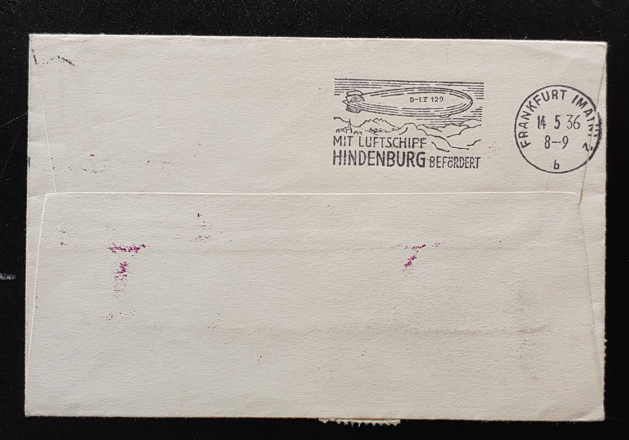 U.S.A. 11 May 1936 43c Hindenburg Zeppelin Flight Cover to Frankfurt