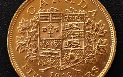 Canada XF 1912 George V Gold 5 Dollars, trifle rim nick .242oz AGW