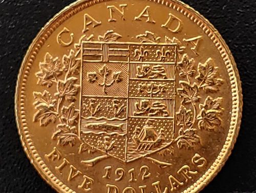 Canada XF 1912 George V Gold 5 Dollars, trifle rim nick .242oz AGW