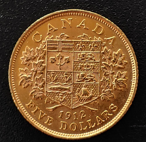 Canada XF 1912 George V Gold 5 Dollars, trifle rim nick .242oz AGW