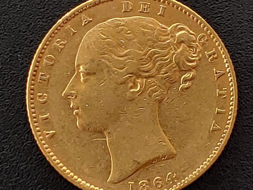 G.B. VF+ 1864 Queen Victoria Shield Type Die 48 Gold Sovereign