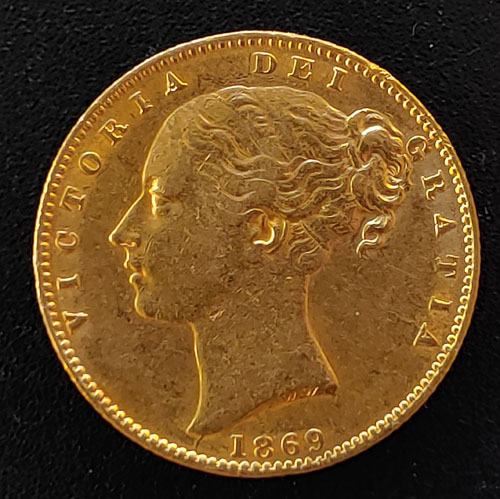 G.B. XF 1869 Queen Victoria Die 4 Shield Type Gold Sovereign .2355oz