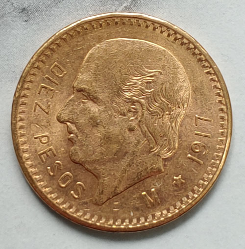 Mexico Unc 1917 Gold 10 Pesos .2396oz AGW