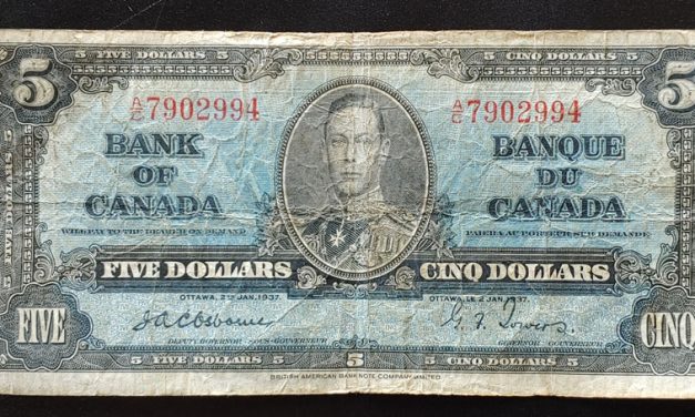 Canada #BC23a VG prefix A/C 1937 Osborne/Towers 5 Dollars
