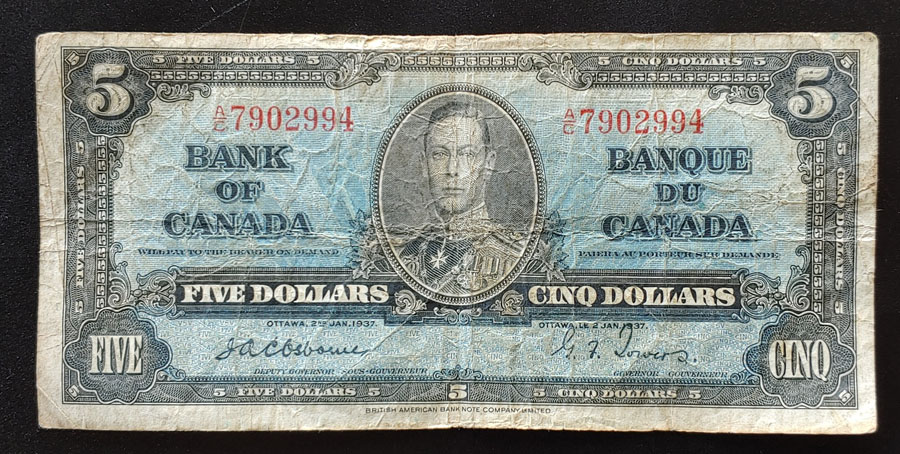Canada #BC23a VG prefix A/C 1937 Osborne/Towers 5 Dollars $200