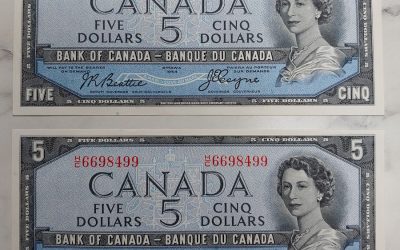 Canada #BC31b Choice Unc consecutive 1954 $5 Devil’s Face duo