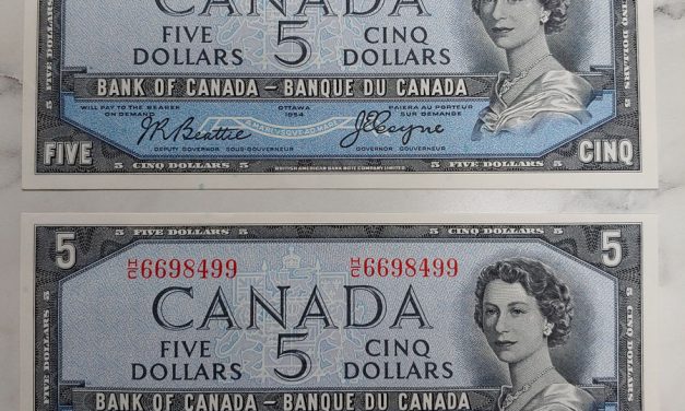 Canada #BC31b Choice Unc consecutive 1954 $5 Devil’s Face duo