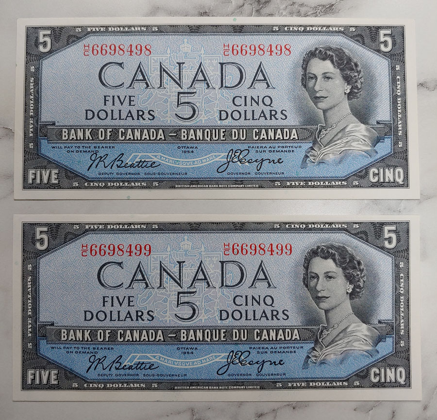 Canada #BC31b Choice Unc consecutive 1954 $5 Devil's Face duo