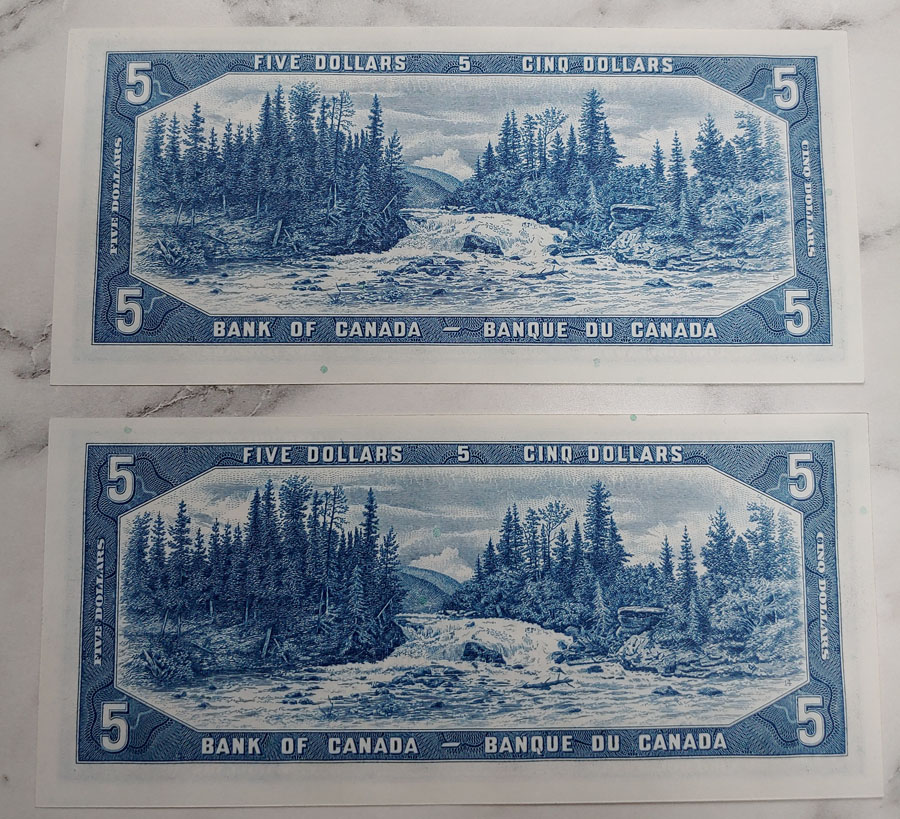 Canada #BC31b Choice Unc consecutive 1954 $5 Devil's Face duo