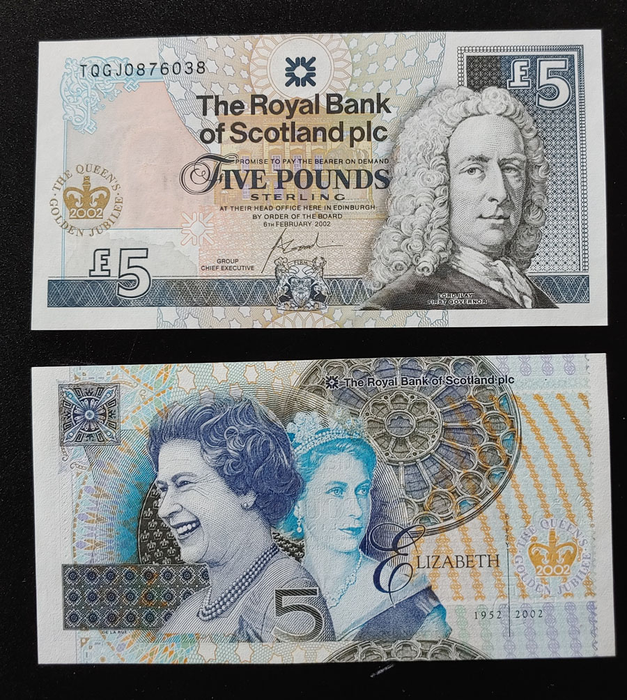 Royal Bank of Scotland P#362 Unc 2002 QEII Golden Jubilee note duo